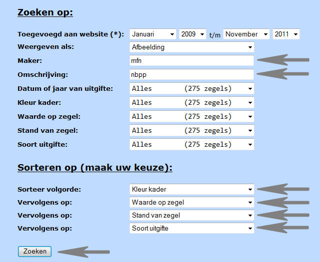 Voorbeeld zoeken op maker en omschrijving