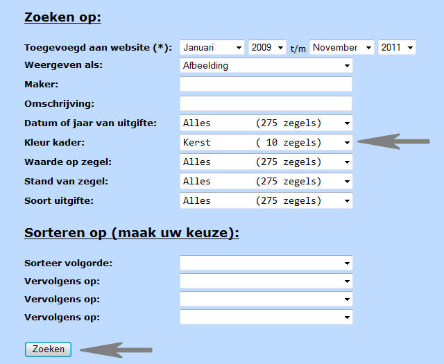 Zoeken op alle zegels met een bepaald kader